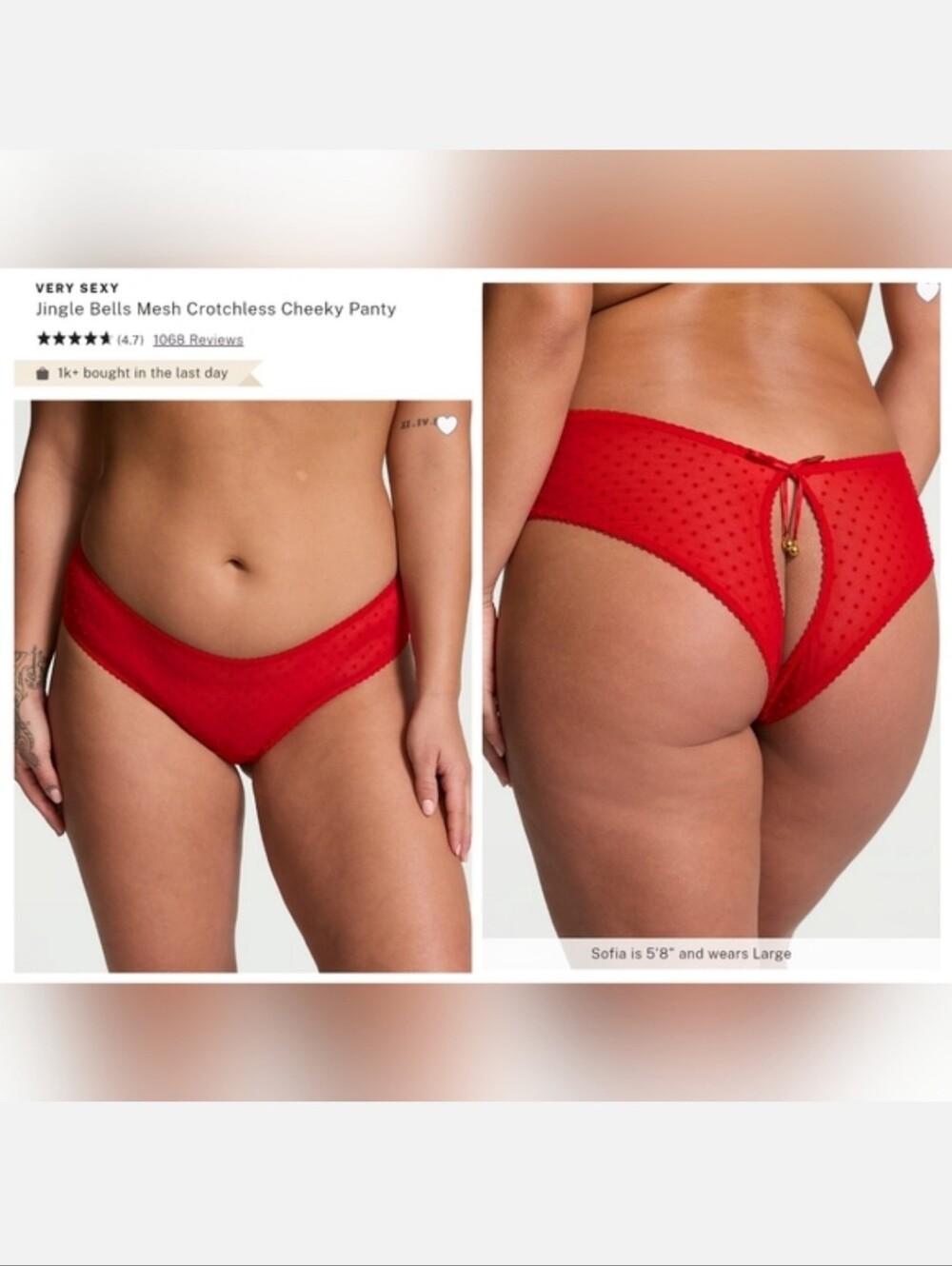 Victoria's Secret Very Sexy Jingle Bells Mesh Crotchless Cheeky Panty RED